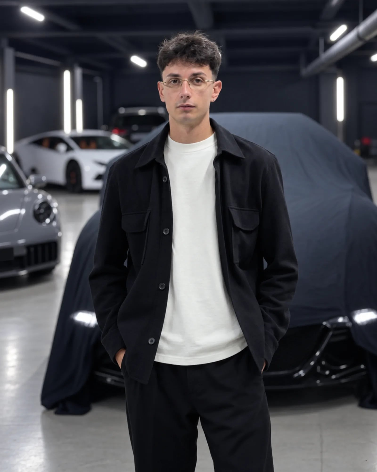 Giacomo Carbonara in piedi nel garage, fra le vetture